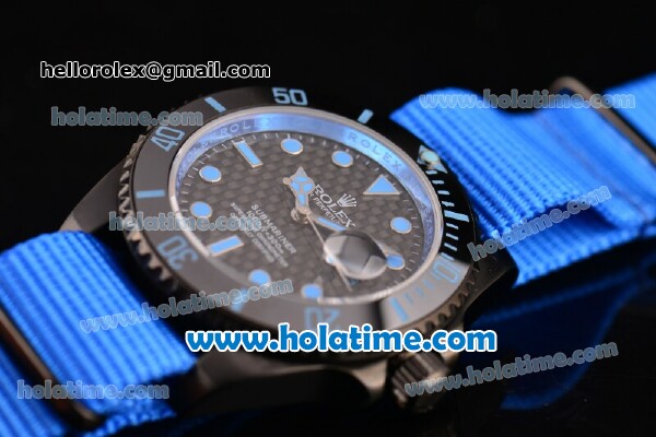 Rolex Submariner Asia 2813 Automatic PVD Case with Carbon Fiber Dial and Dark Blue Nylon Strap - Click Image to Close